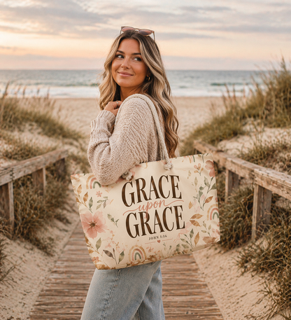 Model carrying Grace Upon Grace Weekender