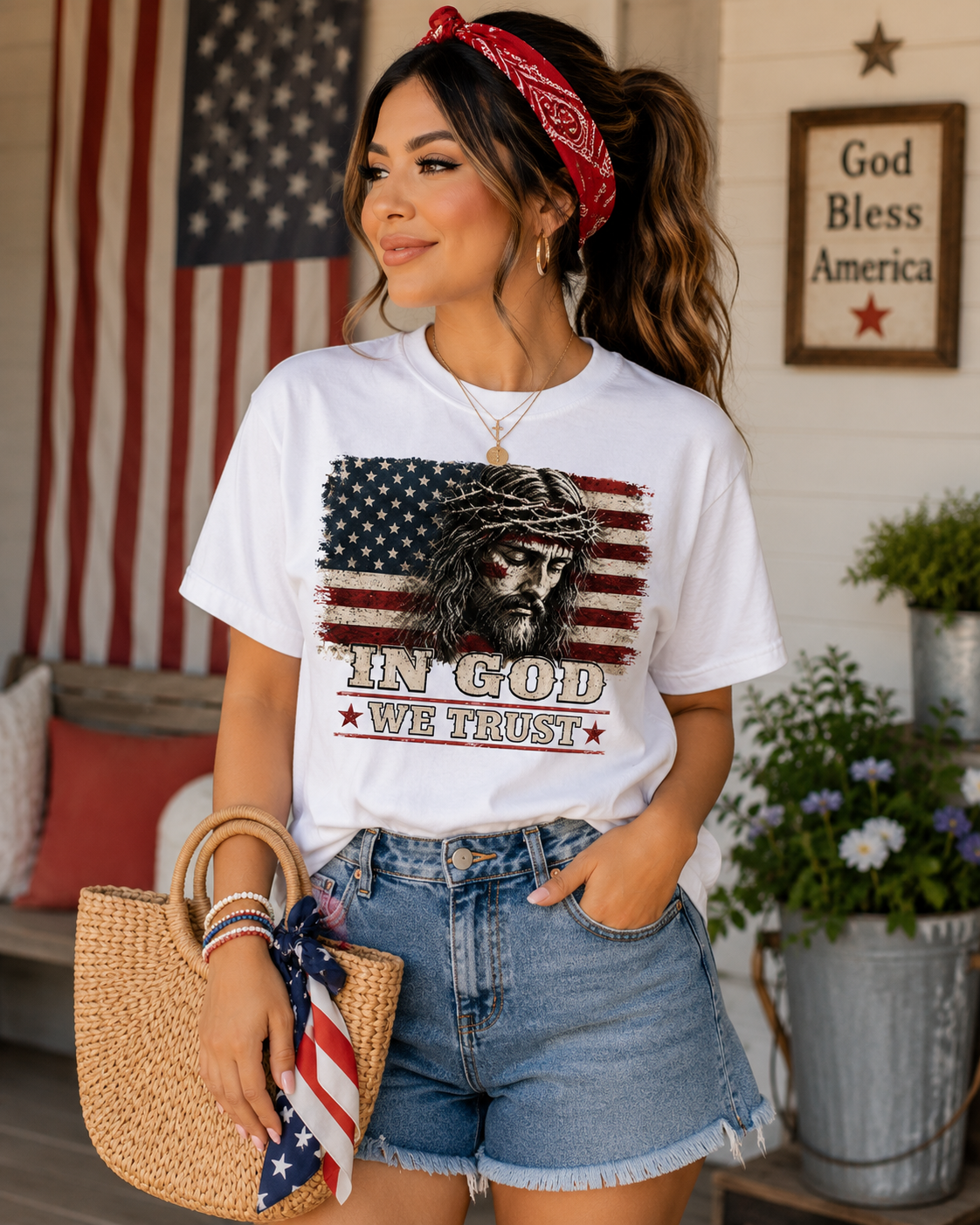 In God We Trust Shirt | Jesus American Flag Christian Tee | Psalm 33:12 Patriotic Graphic T-Shirt