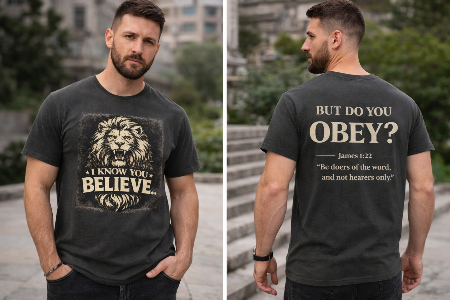 But Do You Obey Christian Shirt | James 1:22 Bible Verse Tee | Lion Faith Graphic T-Shirt for Men | Christian Streetwear