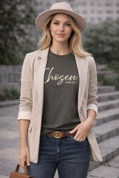 Model wearing Chosen – 1 Peter 2:9