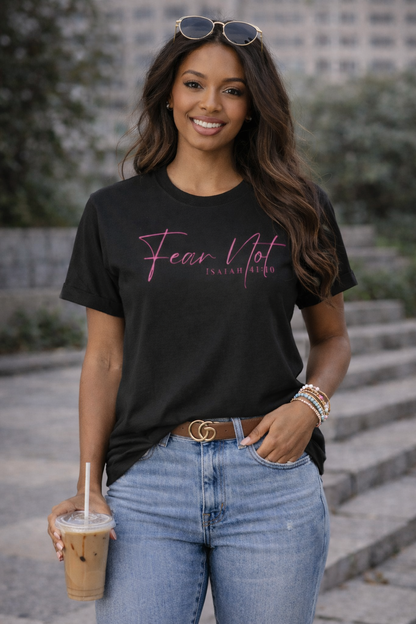 Model wearing Fear Not – Isaiah 41:10