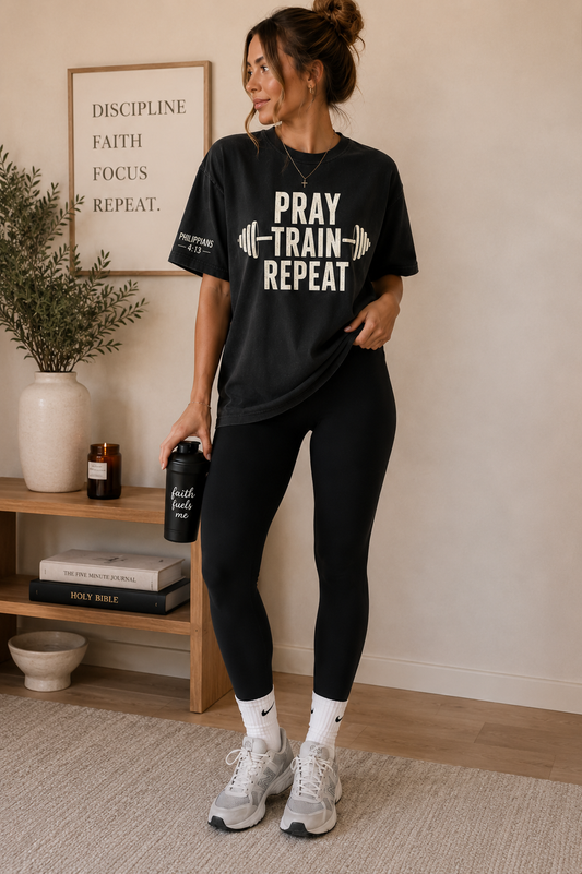 Christian Workout Shirt | Pray Train Repeat