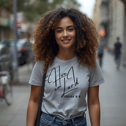 Model wearing Here Am I, Lord – Isaiah 6:8