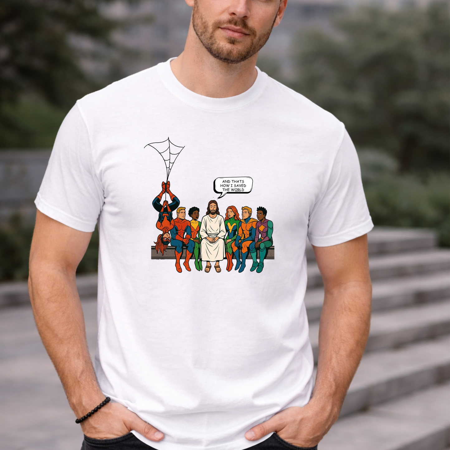 Jesus & Superheroes Christian T-Shirt (Adult TEE)– “And That’s How I Saved the World” Tee | Faith Humor Shirt | Christian Comic Style Graphic Tee
