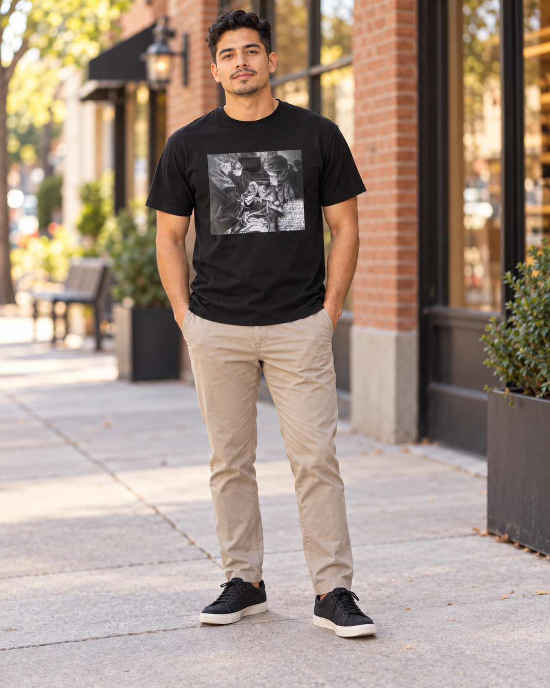 Full-length model wearing the black Before I Formed You Christian art T-shirt
