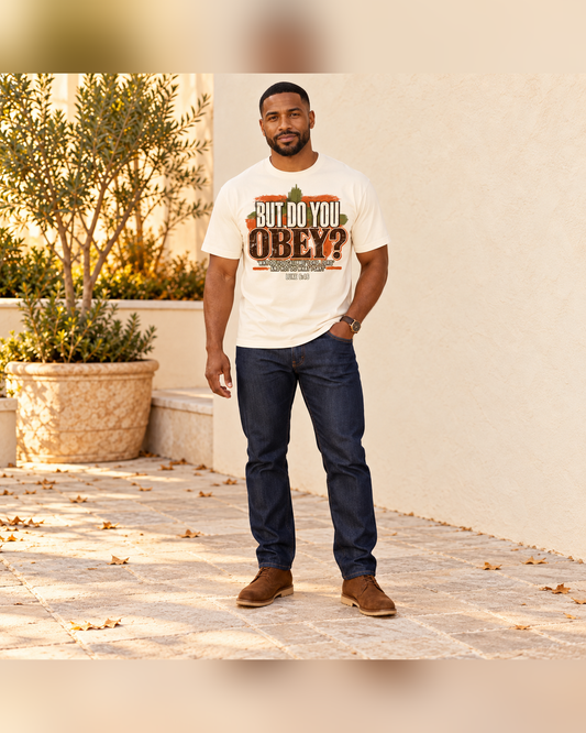 Man wearing the ivory But Do You Obey Luke 6:46 Comfort Colors tee, fully framed