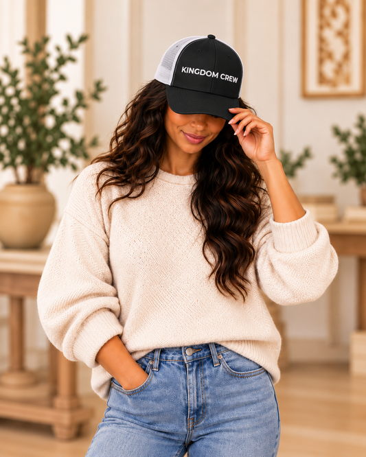 Model wearing Kingdom Crew embroidered trucker hat