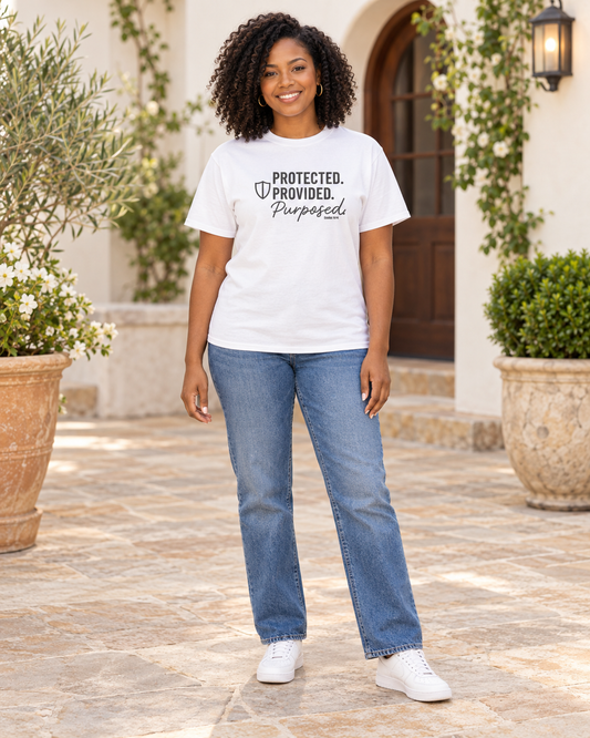 Full-length model wearing the white Protected, Provided, Purposed Christian T-shirt