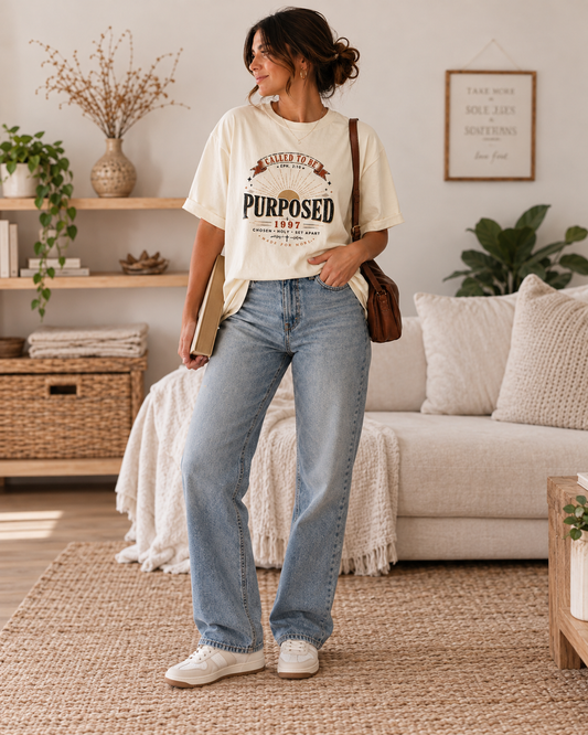 Full-length model wearing the ivory Purposed Ephesians 2:10 T-shirt